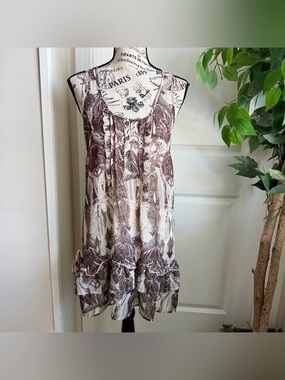 Mandee Y2K Boho Ruffle Hem Printed Sleeveless Tunic Top Brown Sz S